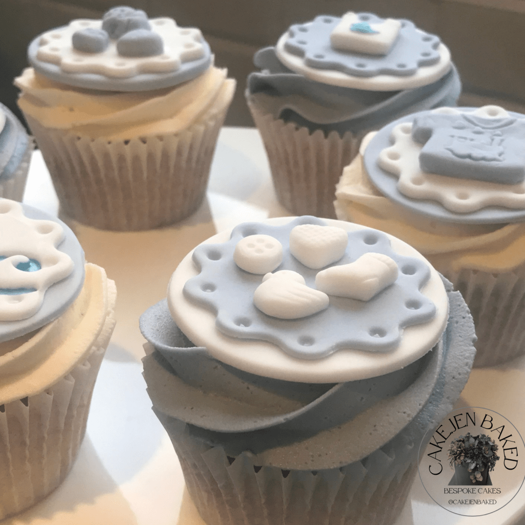 blue and white baby shower or new baby cupcakes
