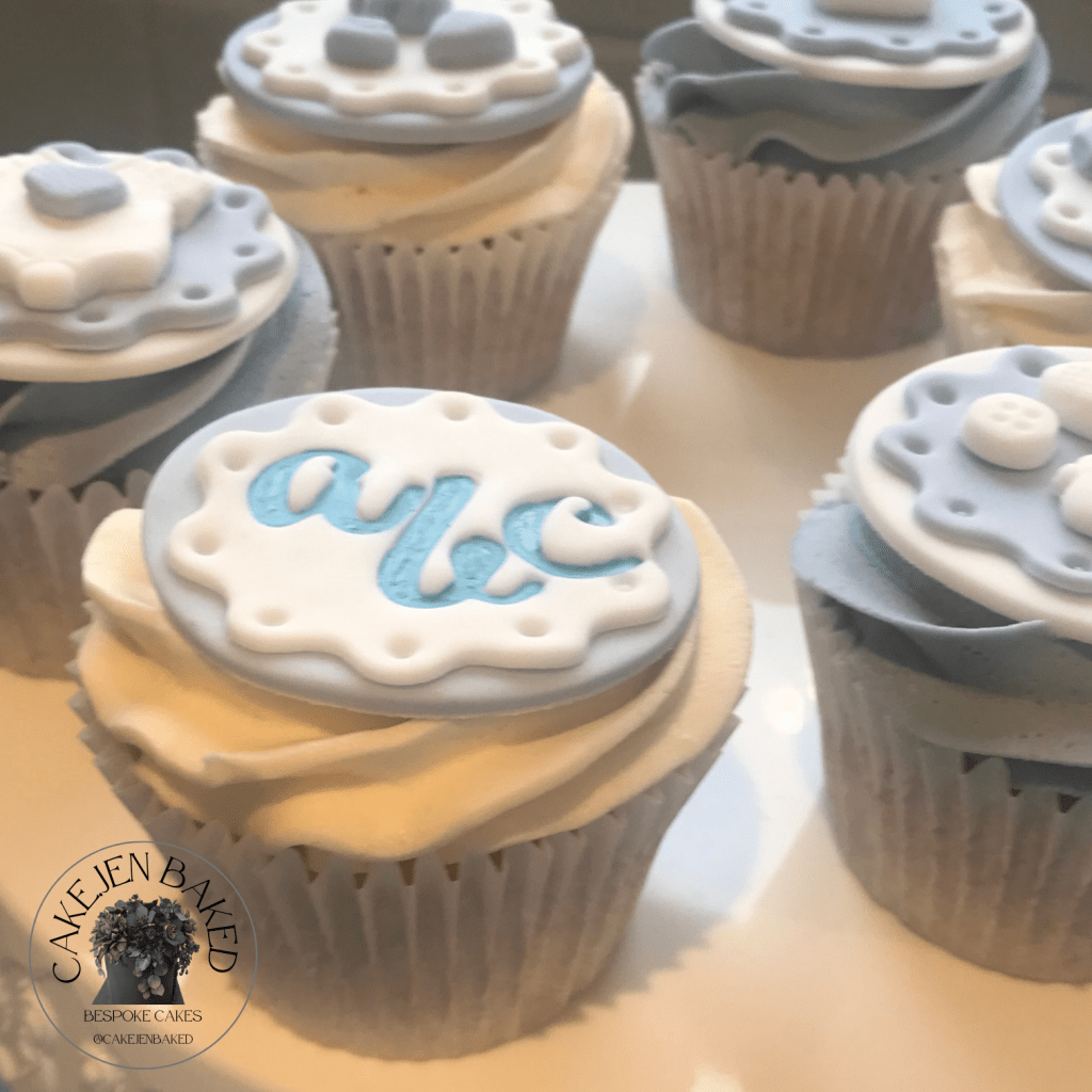 blue and white baby shower or new baby cupcakes