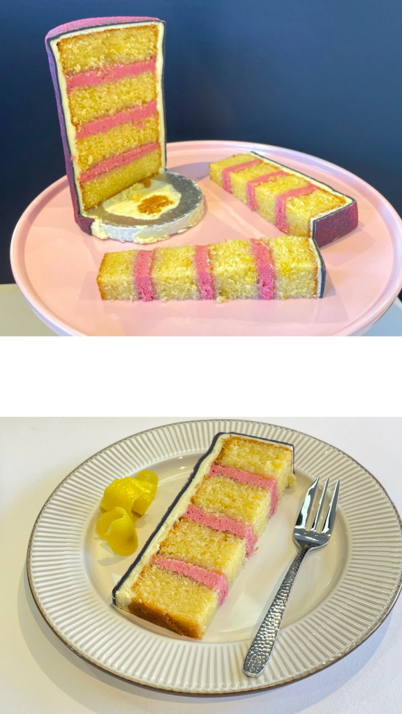 Zesty lemon sponge filled with a sharp raspberry buttercream &
 lemon curd