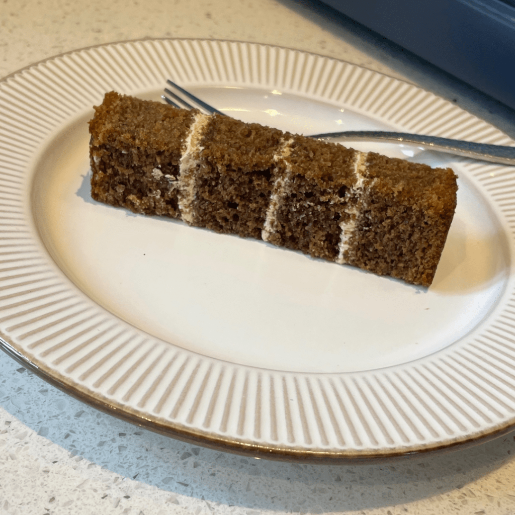 Rich coffee cake filled with a coffee buttercream