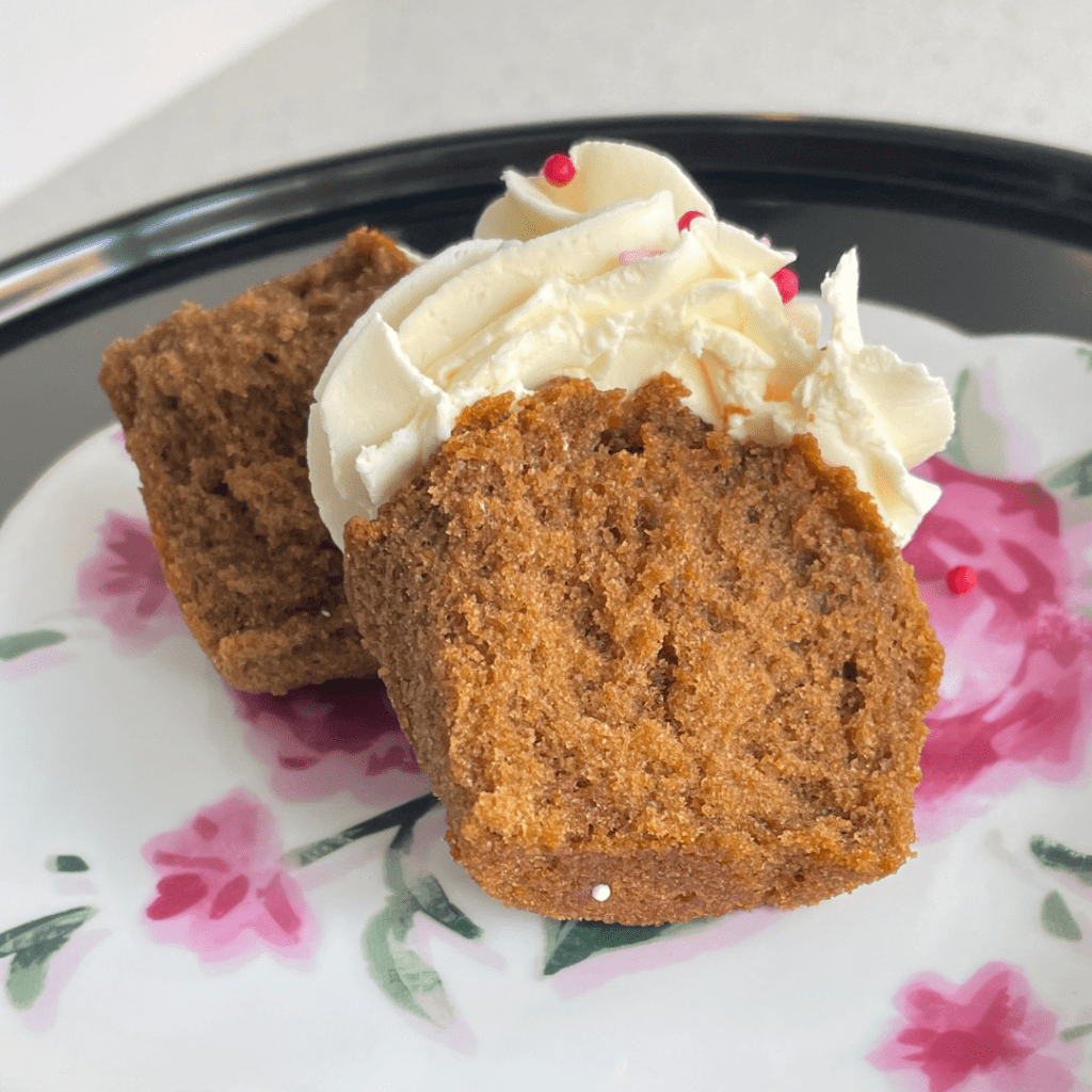 Inside of a coffee cupcake with vanilla buttercream